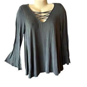 Entro Women's Olive Green Criss Cross Bell Sleeve Tunic Top XXL